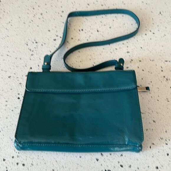 COLE HAAN JITNEY Teal Green Patent Leather Shoulder Purse Top Zip Travel Bag EUC - Picture 2 of 16